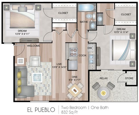 Floor plan for 2 beds, 1 bath, 832 sqft